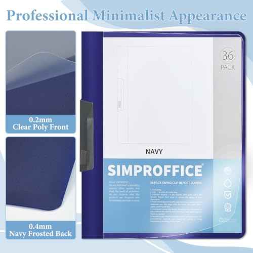 36 Pack Swing Clip Report Covers, Clear Front and Navy Blue Frosted Back, 9 x 11.4 Inches, Plastic Presentation Folders with Clip for Professional Use