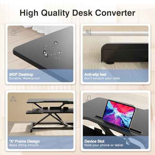 Standing Desk Converter 32 inch, Height Adjustable Sit Stand Desk Riser, Quick Sit to Stand Tabletop Dual Monitor Riser Workstation for Home Office with Keyboard Tray, Black