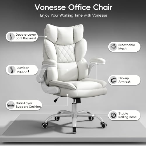 Vonesse White Office Chair with Flip-Up Armrests, Dual-Layer Backrest & PU Leather