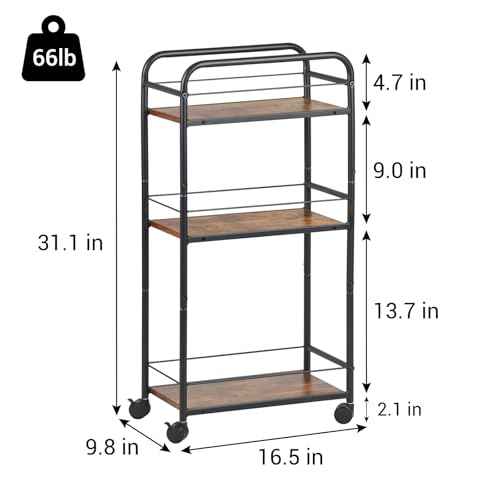 FULITE 3-Layer Narrow Storage cart£¬A Rolling car with Wheels£¬Steel Frame,Kitchen£¬Restaurant£¬Multi Functional Trolley£¨Black and Brown£©