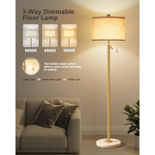 Modern Gold Floor Lamp for Living Room - Adjustable Height Standing Lamp with Marble Base & Linen Shade, 3-Way Dimmable Tall Floor Light for Bedroom, Reading, Bulb Included