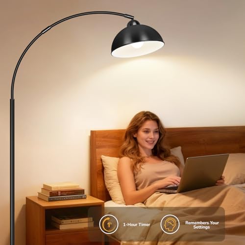 ArcFloor Lamps for Living Room, Modern Tall Lamp with Remote Control and Stepless Dimmable 9W LED Bulb, Over Couch Arched Reading Lamp for Bedroom, Office(Black)
