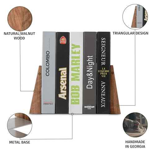 TILISMA Book Ends for Shelves - Handmade Wooden Bookends with Metal Base, Walnut Tree - Sturdy Book Holders for Heavy Books - Fancy Modern Decorative Book Accessories to Hold Books Firmly on Bookshelf