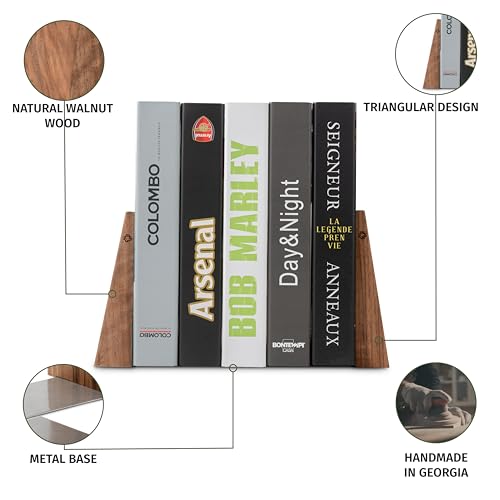TILISMA Walnut Wooden Book Ends with Metal Base - Handmade Sturdy Book Holders