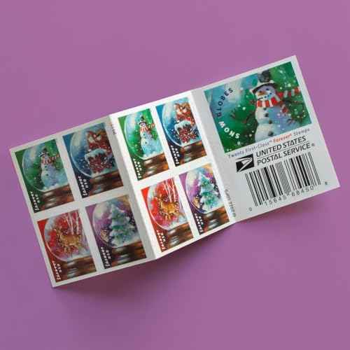 United States Postal Service USPS Snow Globes (Booklet of 20) Forever Postage Stamps (A Snowman, Santa Claus Poised on a Chimney, a Majestic Deer, and a Christmas Tree) 2023 Scott #5816-5819