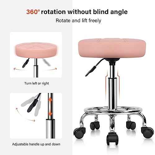 KKTONER Round Rolling Stool Chair PU Leather Height Adjustable Swivel Drafting Work SPA Shop Salon Stools with Wheels Office Chair Small (Pink)