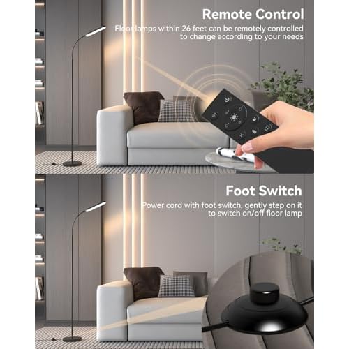 Floor Lamp - Bright 15W LED Floor Lamp with Remote & Touch Control - Stepless Dimming & Color Temperature Adjustable, Eye-Caring Standing Lamp with 1H Timer, Gooseneck Design for Living Room, Bedroom