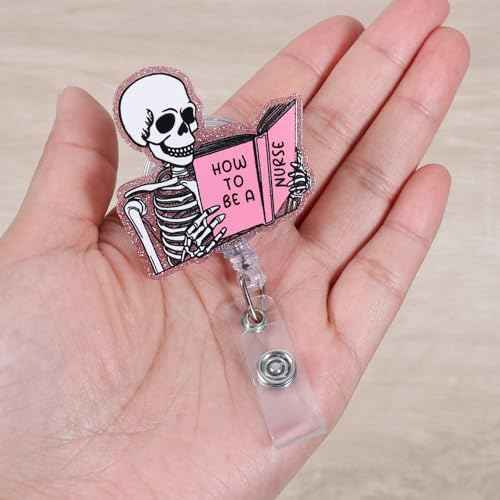 Funny Skeleton Office Badge Buddy, How to BE A Nurse Work Badge Holder with Retractable Clip, Cute Pink Medical Badge Clip for RN CNA LPN LVN MA Hospital Worker Nursing Student Teacher