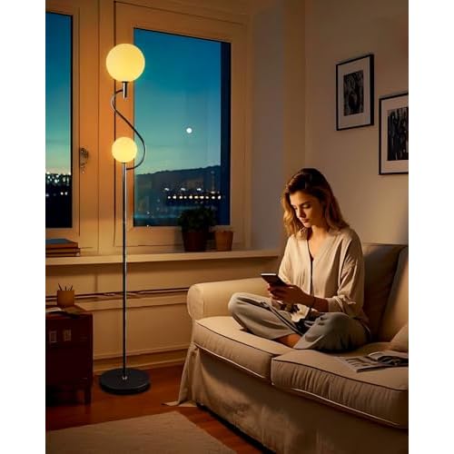 Lightdot 63 Inch Globe Floor Lamp, Mid Century Black Standing Lamps with 2 Globe Soft Warm White Eye Care 3000K Bulbs Included, Modern Tall Lamp for Living Room Bedroom