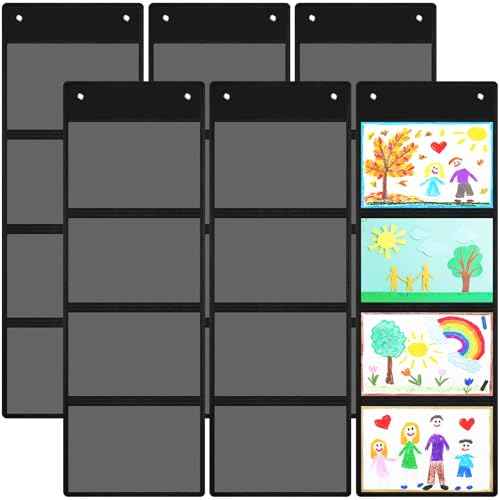 6 Pcs Storage Pocket Chart for Classroom 37.4 x 13 in 4 Pockets Hanging Wall File Organizer for Teachers Homework Cards Drawing Pictures Class Demonstrations Office Organization(Black)