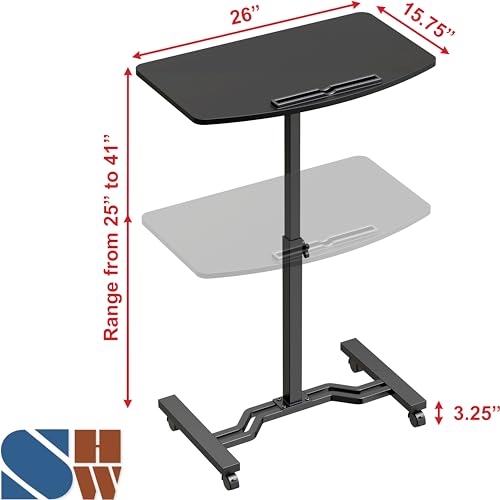 SHW 25" to 41" Height Adjustable Rolling Laptop Desk with Tilting Desktop for Home Office and Sofa Beside, Black