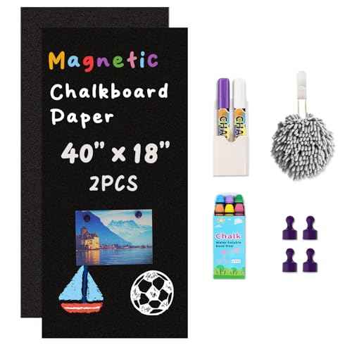 2-Pack, 40" x 18" Magnetic Chalkboard for Wall Self Adhesive Blackboard Sheet Peel and Stick Sticker Roll Ideal for Playroom Classroom School Home