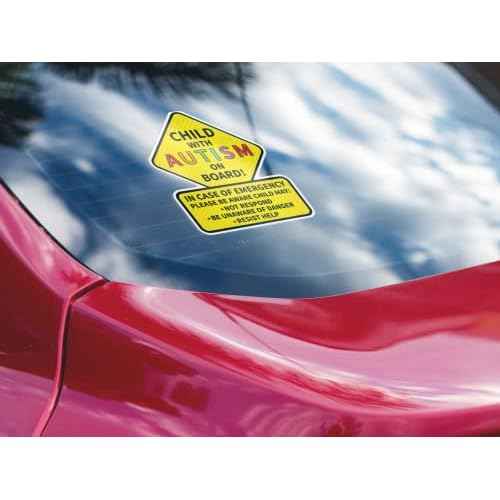 Child with Autism On Board Sticker 2-Pack Decals | Latex Optimized Bright Visible Durable Stickers | 5.5-Inches by 4.5-Inches | Emergency Alert for Autistic Child Stickers