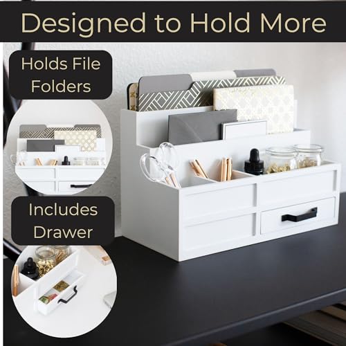 BLU MONACO White Desktop Organizer with Drawer ? Paper Wood Bill & Mail Organizer for Office Desk, Countertop & Workspace Storage
