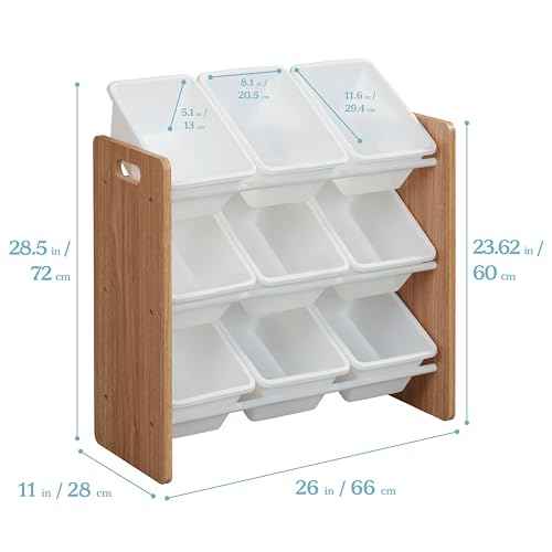 ECR4Kids 3-Tier Organizer with 9 Bins, Toy Storage, Dark Natural/White