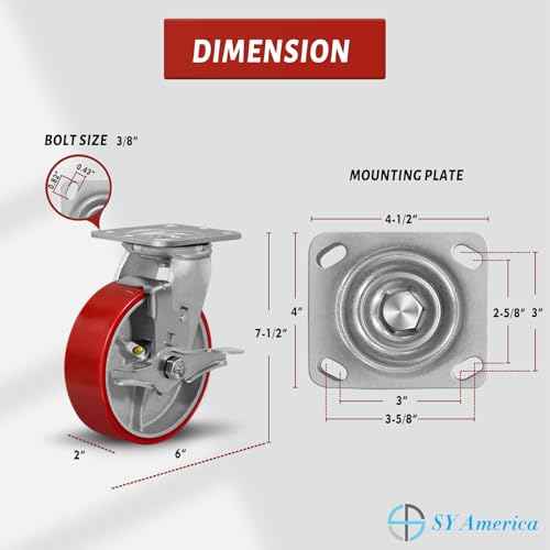 SY America 6" X 2" Caster Wheels - Heavy Duty Industrial Casters, Non-Marking Polyurethane on Silver Cast Iron Core Wheel, 1 Swivel Top Lock Brake,1250 lbs Capacity