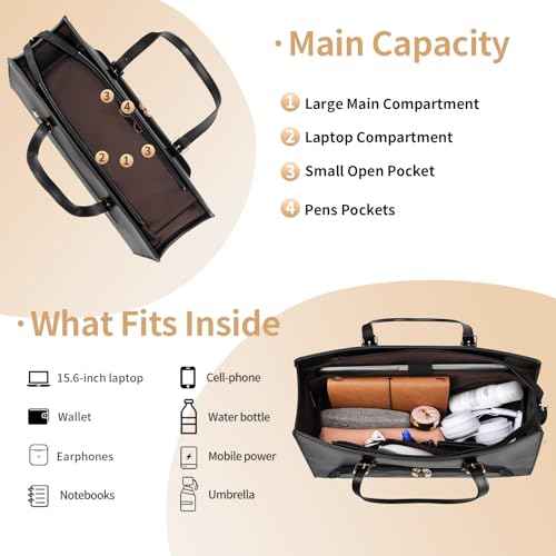 BERTASCHE Laptop Tote Bag with Insulated Lunch Compartment, 15.6 Inch PU Leather Work Bag Computer Briefcase for Women, Waterproof Laptop Shoulder Handbag for Business,Office,Work, Black