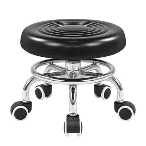 KKTONER Black Roller Seat PU Leather Rolling Stools with Wheels Nail Stool for Home Work Office Shop Step Stool (Black)