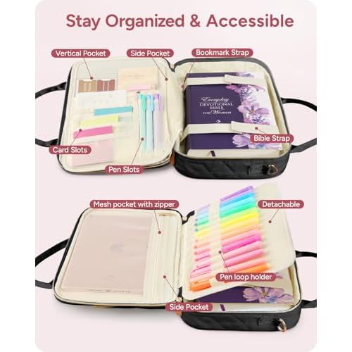 All-in-One Bible Journaling Kit ? Quilted Bible Cover Case for Women, 31 Highlighters, 75 Tabs, Bible Study Supplies & Christian Gift for Women and Teens (Shoulder Strap, Black)