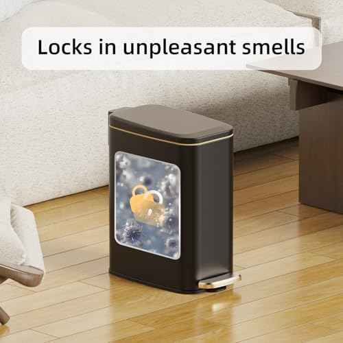 Small Bathroom Trash Can with Lid Soft Close, Step Pedal, 6L / 1.6 Gal Stainless Steel Garbage Bin with Removable Inner Bucket, Slim Wastebasket for Narrow Spaces (Black)