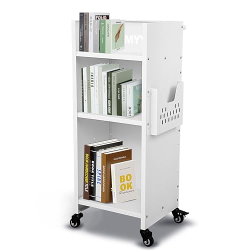 LMYYGOO 3-Tier Adjustable Rolling Book Cart - White, 200lb Capacity, Locking Wheels