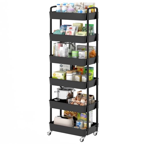 Sywhitta 6-Tier Plastic Rolling Utility Cart with Handle, Multi-Functional Storage Trolley for Office, Living Room, Kitchen, Movable Storage Organizer with Wheels, Black