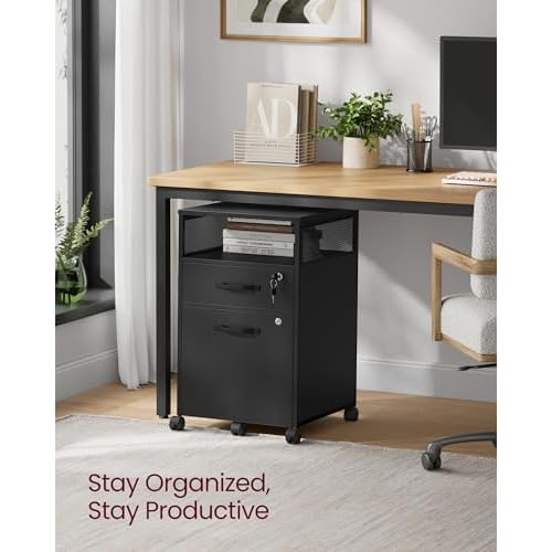 VASAGLE File Cabinet, Mobile Filing Cabinet with Wheels, 2 Lockable Drawers, Open Shelf, for A4, Letter Size, Hanging File Folders, Ink Black UOFC077B16