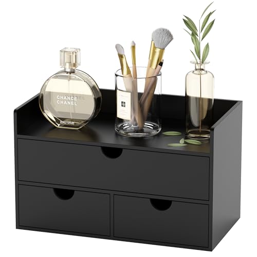 Bamboo Desk Organizer with Drawers Desktop Storage Drawers for Bills Office Supplies Kitchen Utensils Organizing Tool for Home Classroom Organization No Assembly (Black with Shelf)
