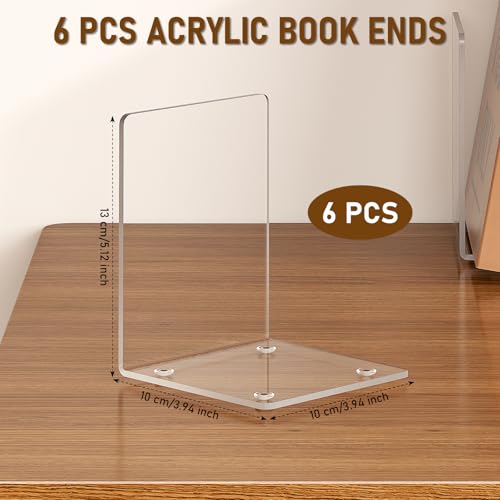 VFINE Clear Acrylic Bookends 6 Pieces - Transparent Book Holders for Shelves
