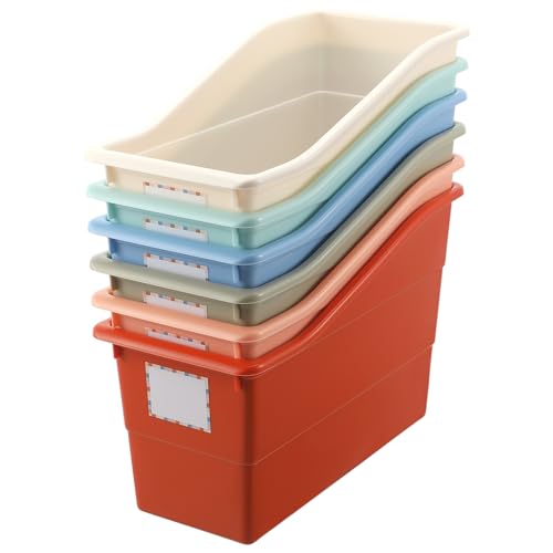 Suzile 6 Pcs Book Storage Bins with Labels Plastic Boho Folder Magazine File Holder Interlocking for Office Classroom Home book Organizer Container (Classic Colors)