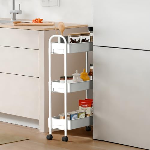 ZXICEU Matte White Slim 3-Tier Metal Rolling Cart - Narrow Utility Storage