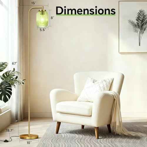 Glass Floor Lamp for Living Room, Bedroom, Modern Green Ribbed Glass Standing Lamp with Pedal Switch, 67'' Tall, Brushed Gold