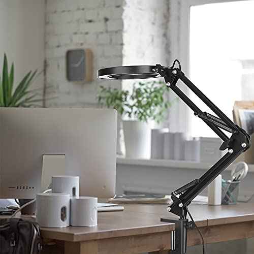 LED Magnifier Desk Lamp with Stand, 3 Color Modes & Stepless Dimming 5-Diopter Glass Lens, Adjustable Swivel Arm - Magnifying lamp for Close Work, Repair, Crafts, Reading - Long