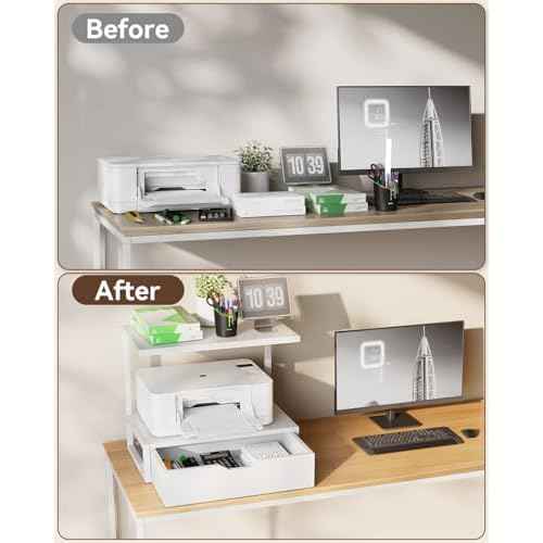 IBUYKE 2 Tier Desktop Printer Stand,Printer Table with Storage Shelf,Multi-Purpose Desk Organizer for Folders,Books,for Fax Machine, Scanner,Home Office,White TLJ015W