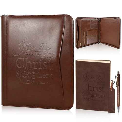 4 Pcs Christian Gifts for Men Pastors Appreciation Leather Bible Portfolio Scripture Notebook Bookmark Pen Religious Present Pastor Kit Supplies Accessories, 'I can do all things' Church Notes Journal