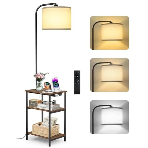 Floor Lamp with Table & Remote, Side End Table with Charging Station, Dimmable Nightstand with 3 Color Temperatures, 1-Hour Timer, 12W LED Bulb, for Living Room, Bedroom