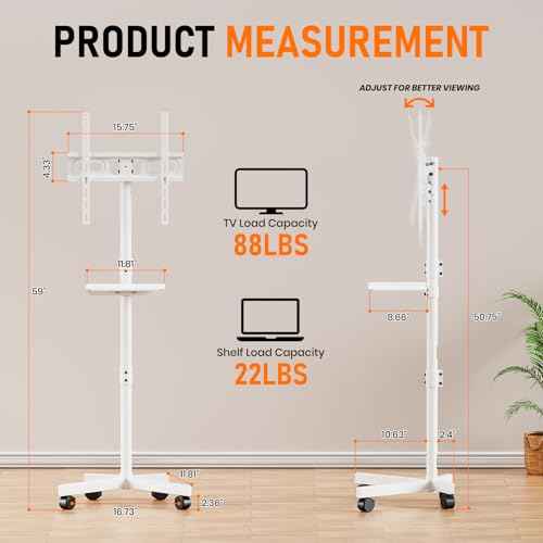 Mobile TV Cart Rolling TV Stand for 23-60 Inch LCD LED OLED Flat Curved Screens up to 88 lbs, Height Adjustable Portable TV Cart with Shelf & Wheels, Outdoor TV Stand Mount, Max VESA 400x400mm, White