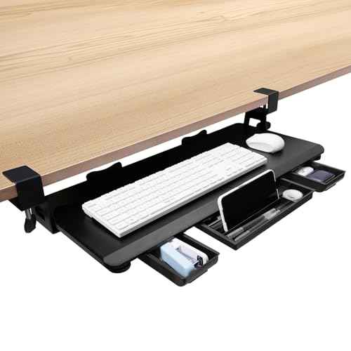 Large Keyboard Tray Under Desk Slide Out with Sturdy C-Clamp Mount and Storage Drawer, 27" (31" Including Clamps) x 12" Ergonomic Keyboard Trays for Home and Office, Black