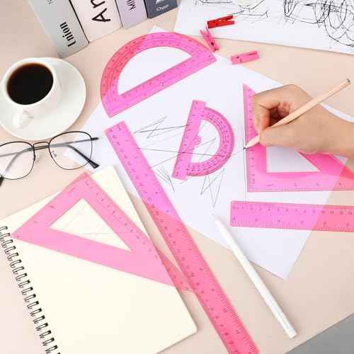 6 PCS Pink Ruler Set Includes Plastic Straight Ruler 12 & 6 Inch, Clear Protractor, Triangle Rulers Math Geometry Set Measuring Tool Transparent School Supplies for Home Office Drawing
