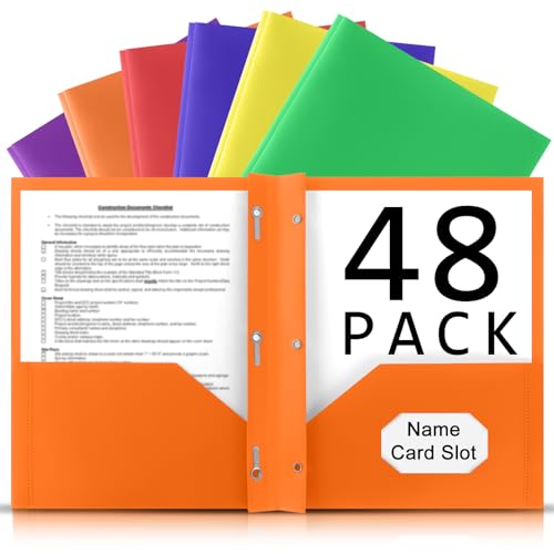 Plastic Folders with Pockets and Prongs, 48 Pack Heavy Duty 3 Prong Filer Folders with 2 Pockets Letter Size with Fasteners for Student Teacher College School, Assorted Colors