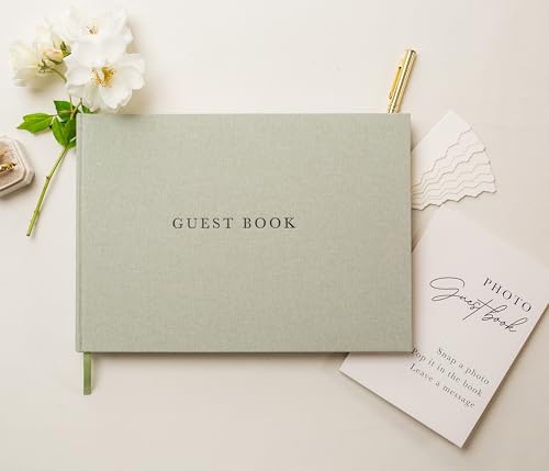 Real Linen Guest Book Set (Leaf) 11.5 x 8.5 with Embossed Cover, Sign Pen, 30 Photo Pockets, 120 Pages