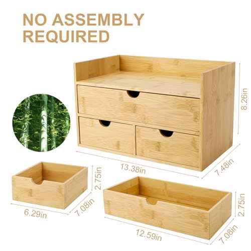 Bamboo Desk Organizer With Drawers Countertop Drawers 3 Drawers Counter Storage Box Corner Desk Organizer for Home Office No Assembly Required