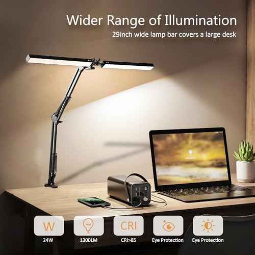 Dual Head LED Desk Lamp with Clamp, 2X Brighter Swing Arm Light - 3 Colors 10 Brightness, Eye-Caring Adjustable Architect Lamp for Dual Monitors, Drafting, Workbench & Home Office