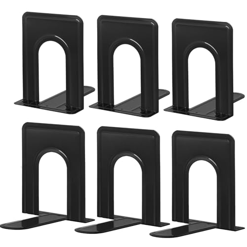 HappyHapi Black Heavy Duty Metal Book Ends - 3 Pairs, Anti-Slip Shelving Support