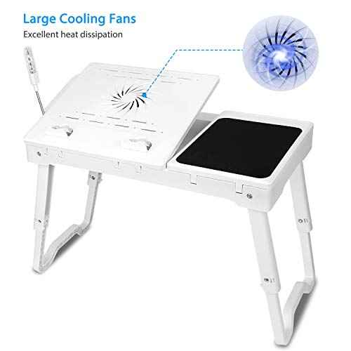 Laptop Table for Bed, Adjustable Laptop Bed Desk with Fan, 4 USB Ports, Portable Lap Desk with Foldable Legs, Laptops Stand for Couch Sofa Bed Tray with LED Light, Storage, Mouse Pad - White