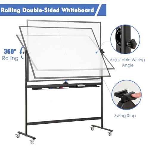 Large Magnetic Mobile Whiteboard 72"x48", Rolling Double Sided Stand Whiteboard on Wheels, Reversible Adjustable Height/Angle Dry Erase Board 6' x 4' Easel White Board for Office Classroom, Black