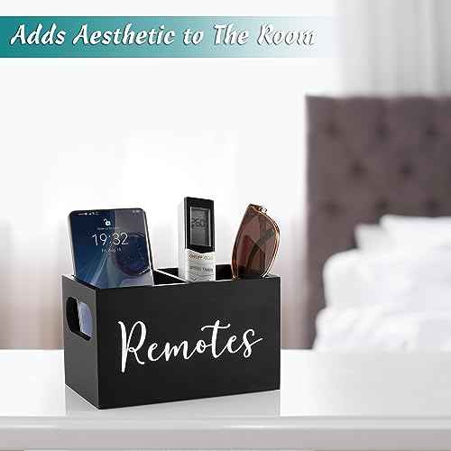 DRASTAR Remote Control Holder, TV Remote Holder, Remote Organizer Caddy for Table, Wooden Remote Box for Nightstand, Black Remote Caddy with 2 Slots