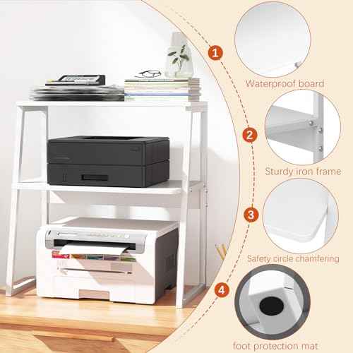 Printer Stand for Desk, Desktop Printer Shelf, 3 Tier Desk Shelf for top of Desk, Large Printer Stands Office Organization Shelves for Home Office Printer Fax Book, White