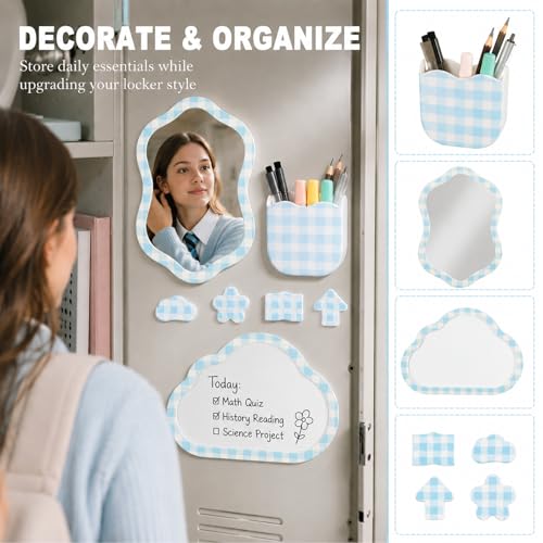 Svartur Blue Magnetic Locker Accessories Set with Mirror, Whiteboard & Pen Holder - Cute School Locker Decor for Girls