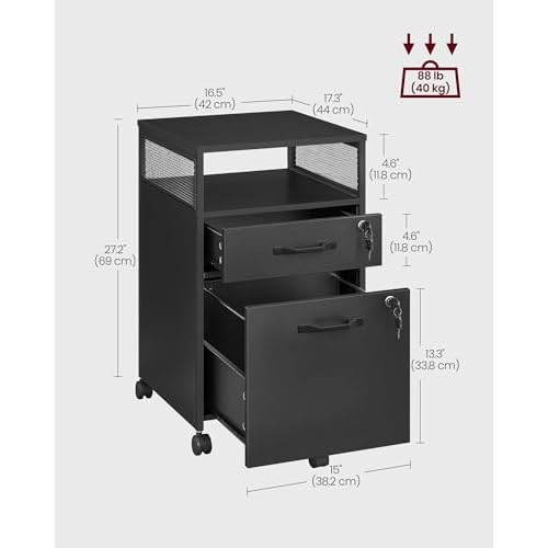 VASAGLE File Cabinet, Mobile Filing Cabinet with Wheels, 2 Lockable Drawers, Open Shelf, for A4, Letter Size, Hanging File Folders, Ink Black UOFC077B16